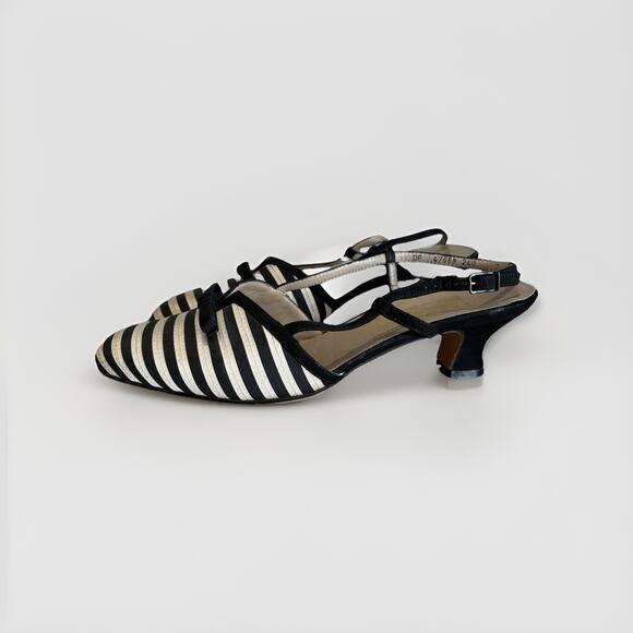 Vintage Ferragamo Black & White Striped Women's Fabric Slingbacks in 7.5 B - Picture 1 of 9